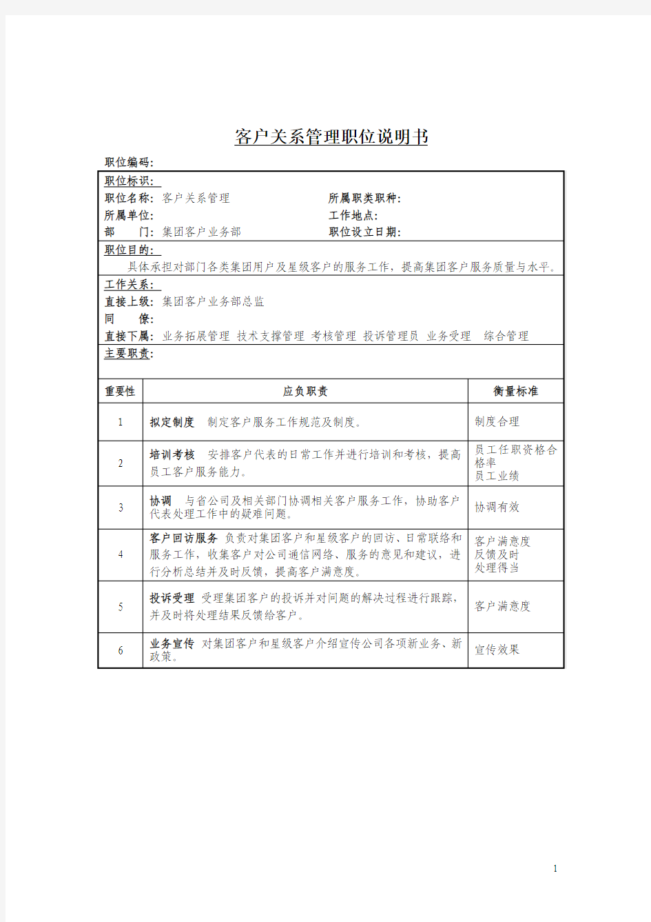 客户关系管理岗位职责说明书