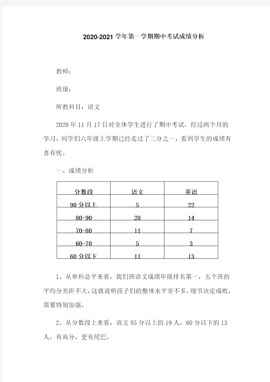 六年级期中考试成绩分析