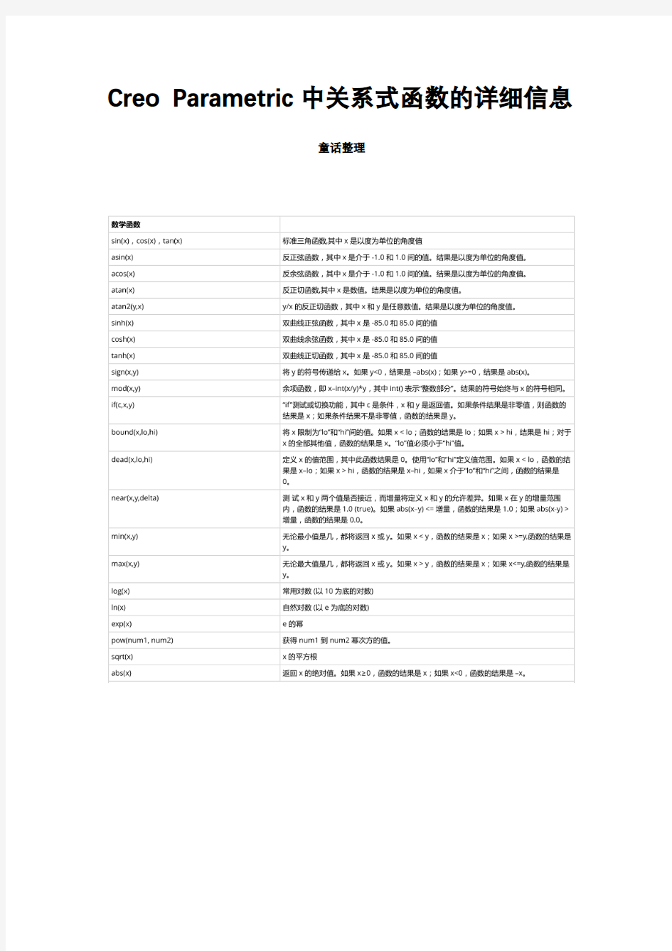 Creo Parametric 中关系式函数的详细信息