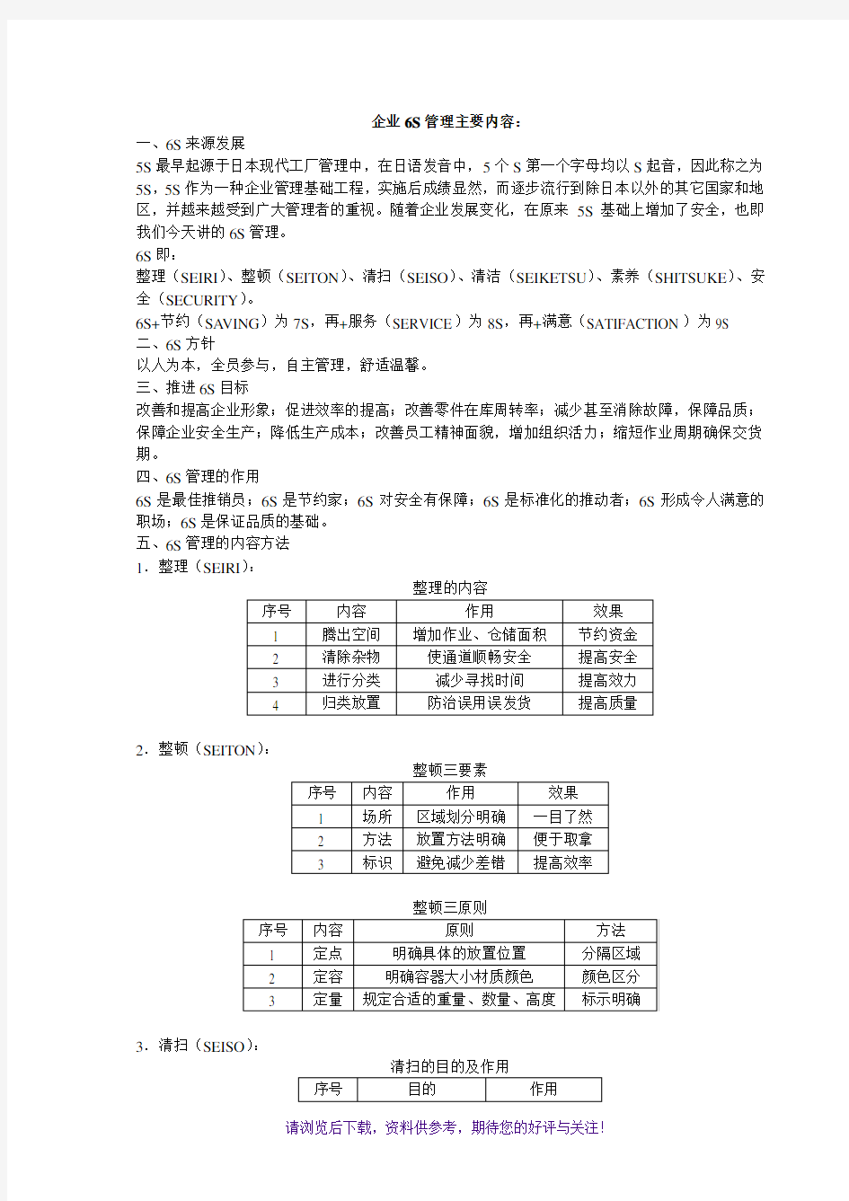 企业6S管理主要内容