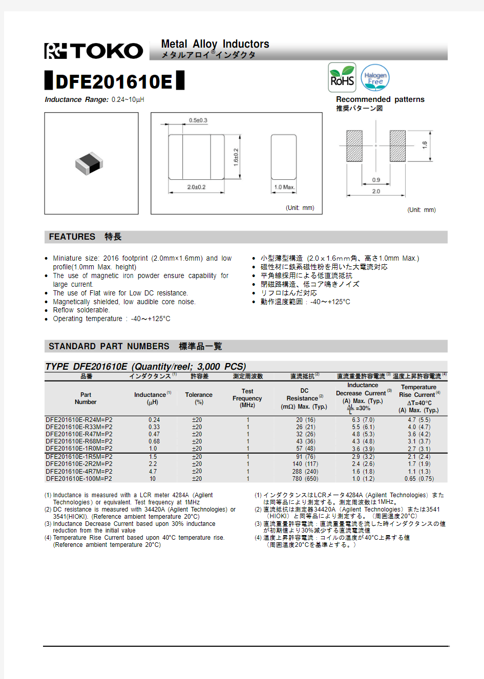 贴片电感DFE201610E-1R0M 品牌TOKO规格书推荐