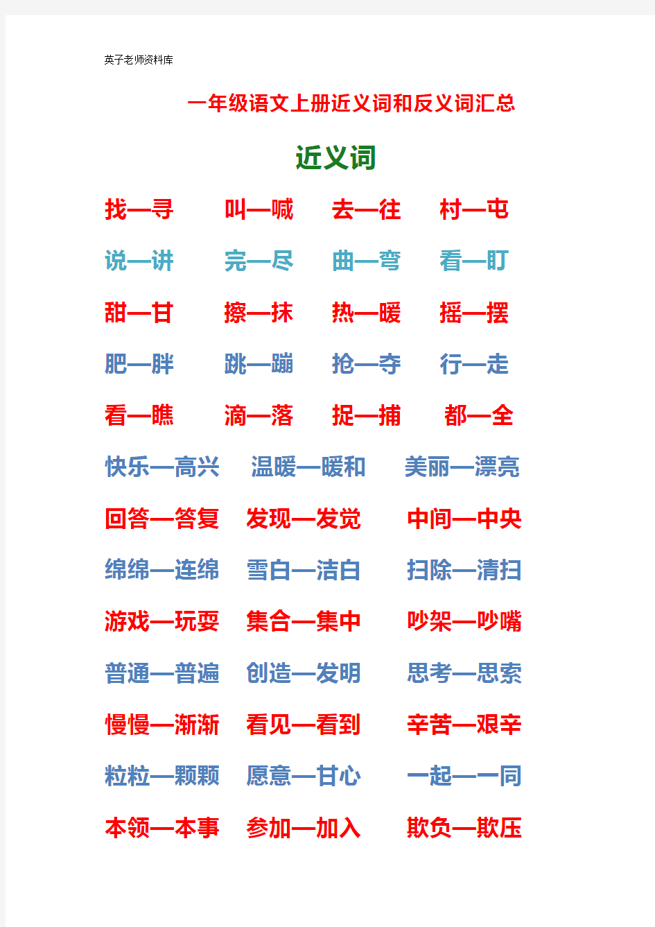 部编版一年级语文上册近义词和反义词汇总