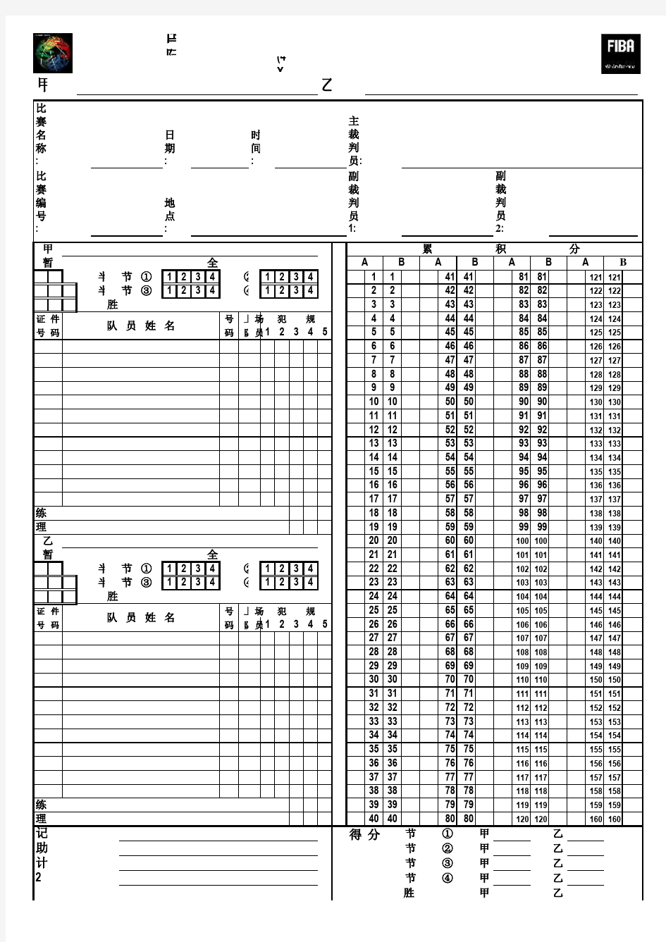 国际篮球联合会(FIBA)标准篮球比赛记录表(1)