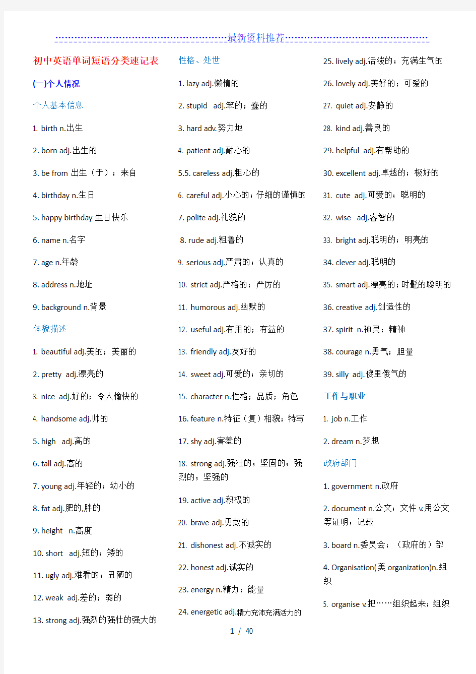 初中英语单词及短语分类速记表--中考1600词