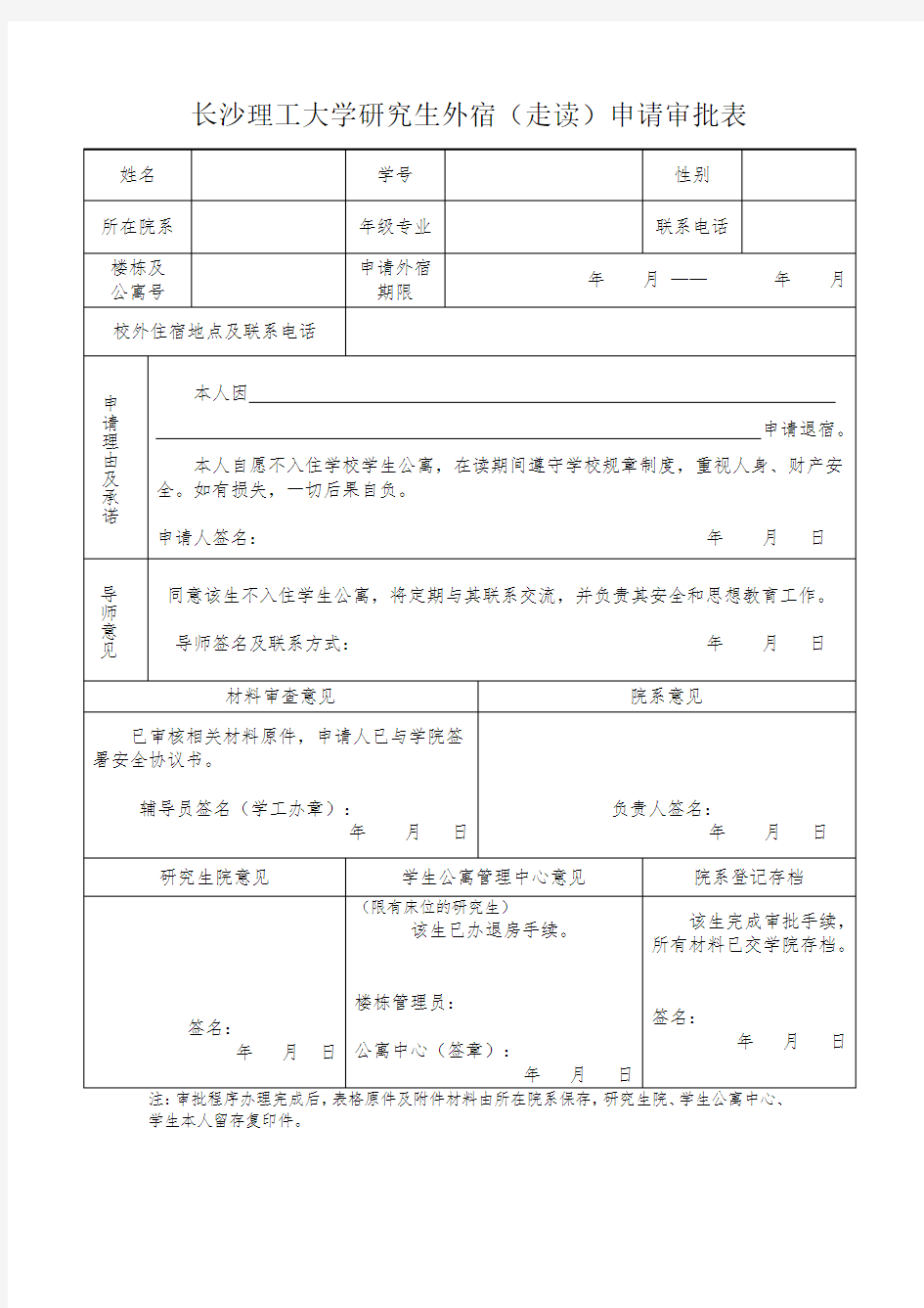 长沙理工大学研究生外宿(走读)申请审批表