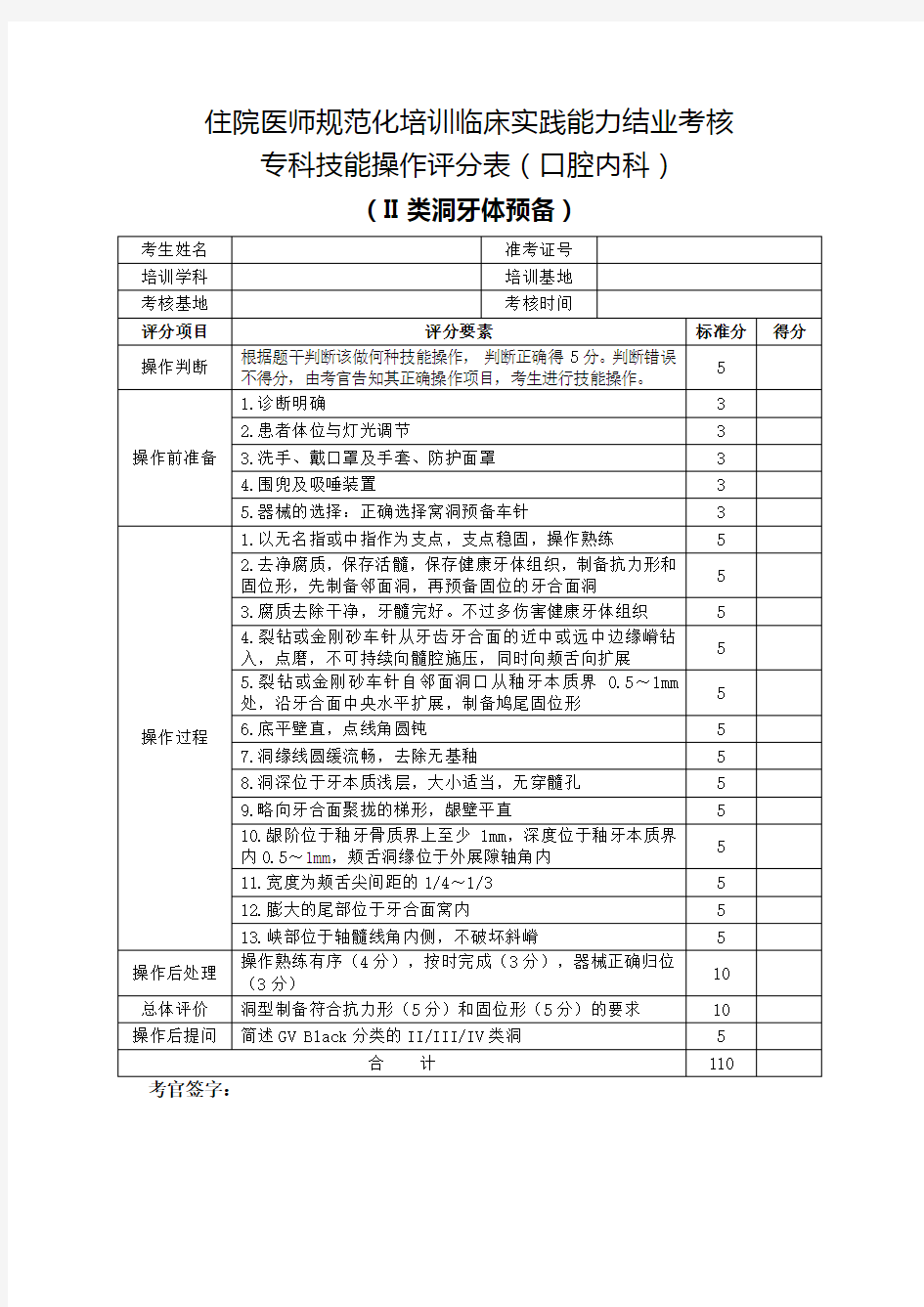 住院医师规范化培训临床实践能力结业考核专科技能操作评分表(口腔内科)II类洞牙体预备