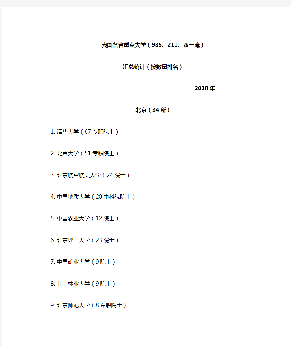 中国重点大学(985、211、双一流)汇总统计