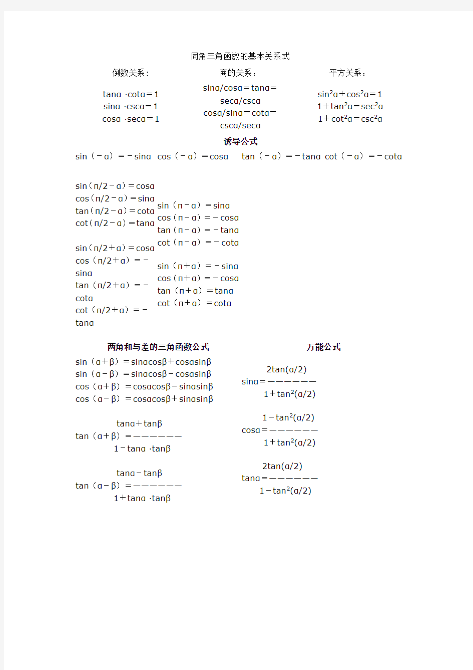 三角函数公式大全