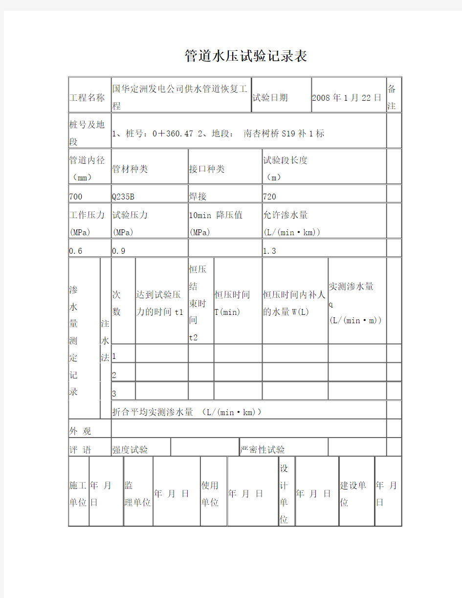 管道水压试验记录表