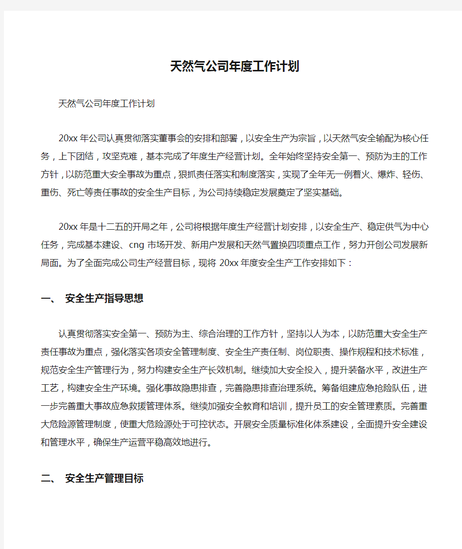 天然气公司年度工作计划