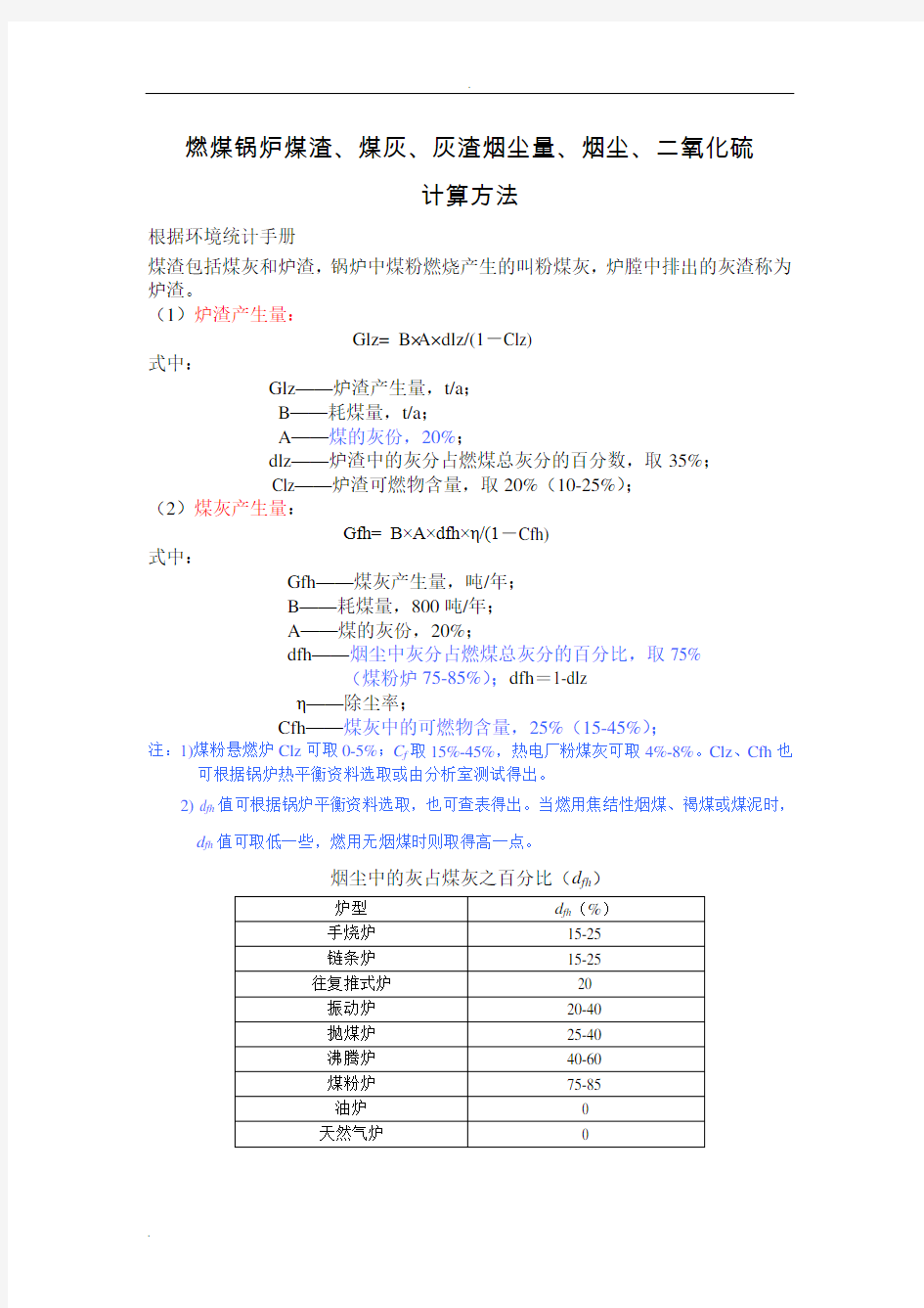 燃煤锅炉煤渣、煤灰、灰渣烟尘量、烟尘、二氧化硫计算方法