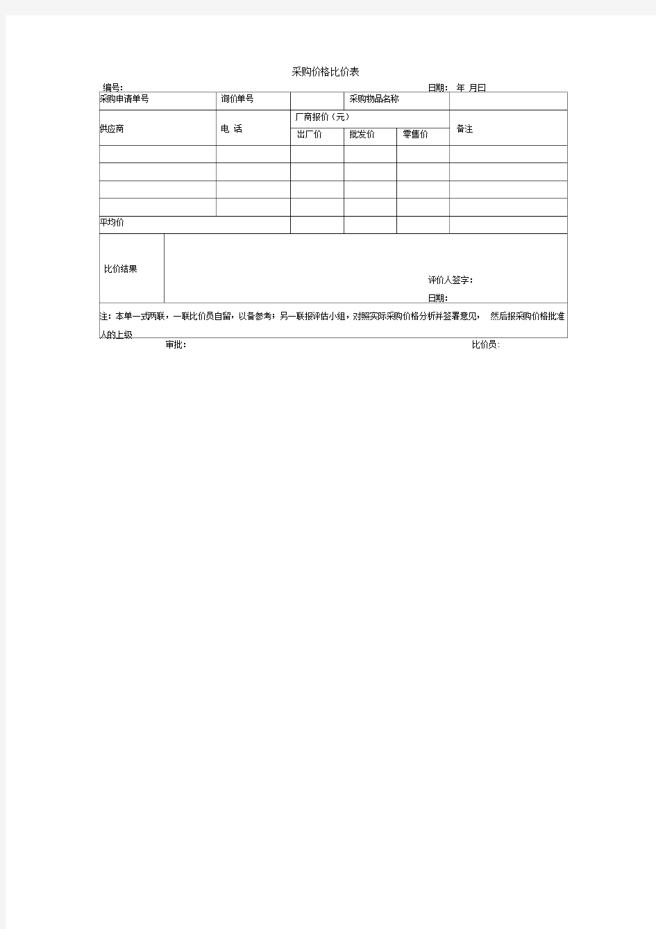 采购价格比价表