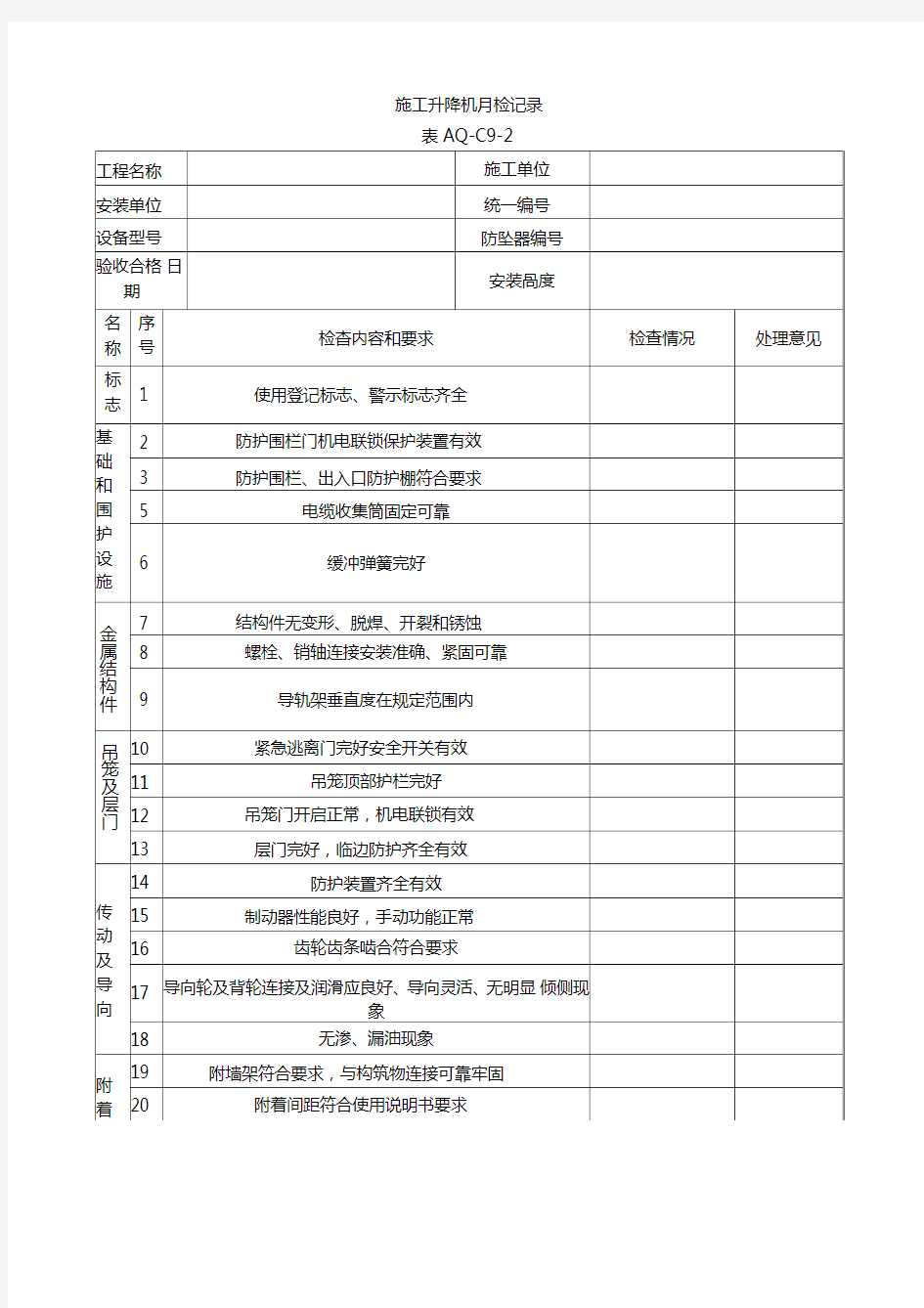 施工升降机月检记录