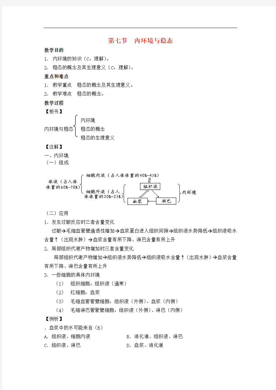 高中生物知识梳理复习 7、内环境与稳态