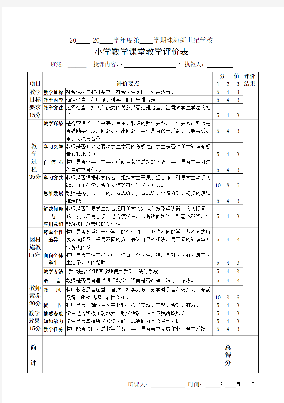 小学数学课堂评价表