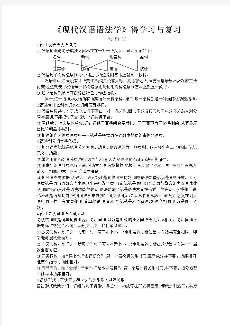 现代汉语语法学常见问答题例举