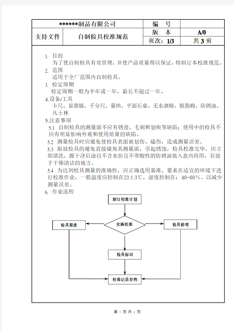 自制检具校准规范