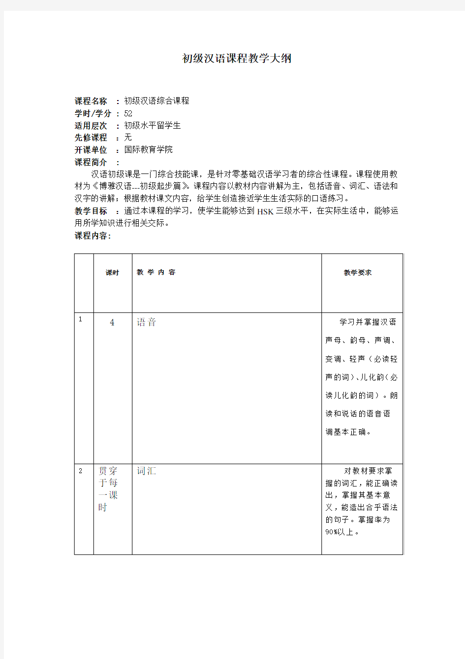初级汉语课程大纲