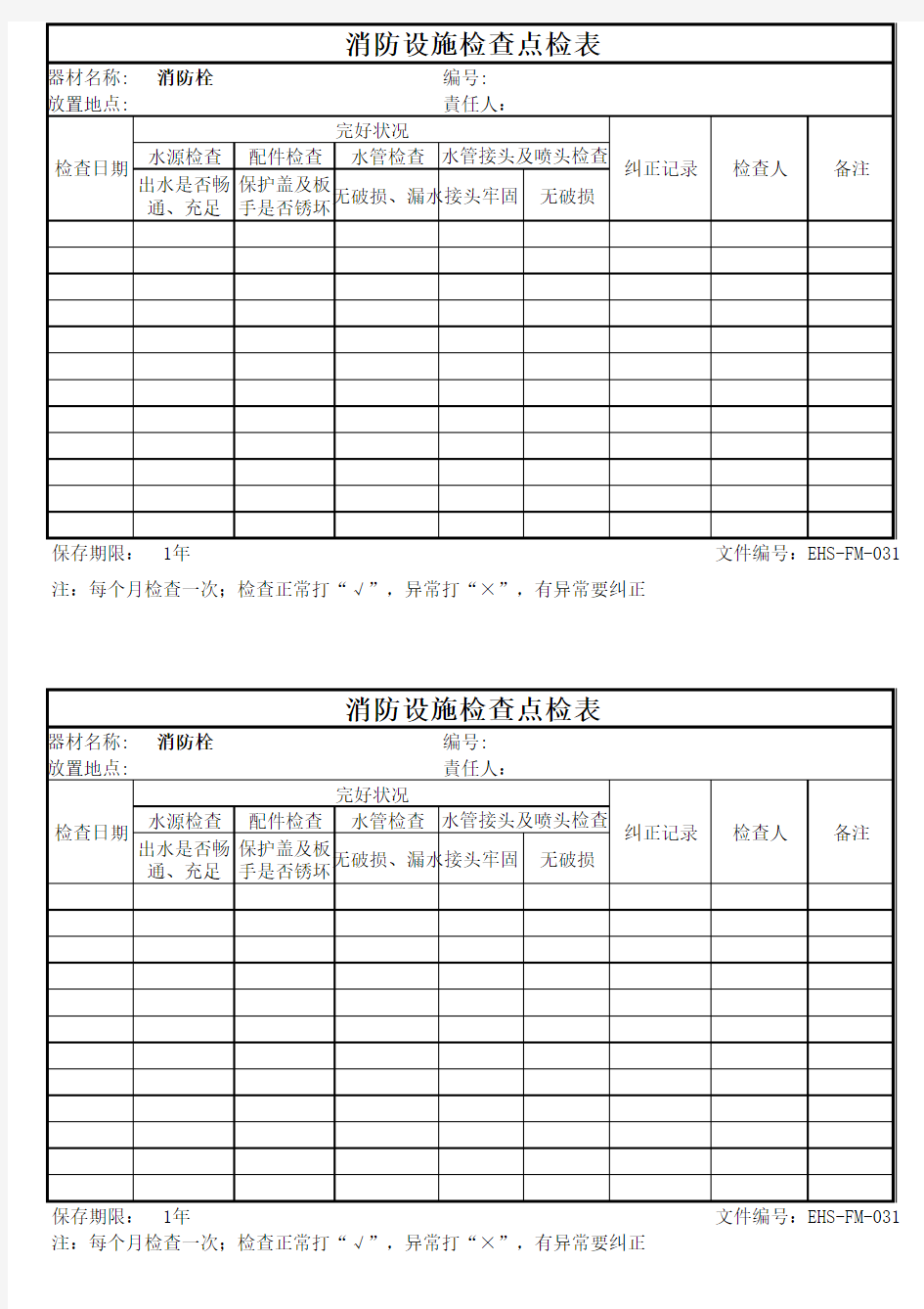 消防设施检查点检表