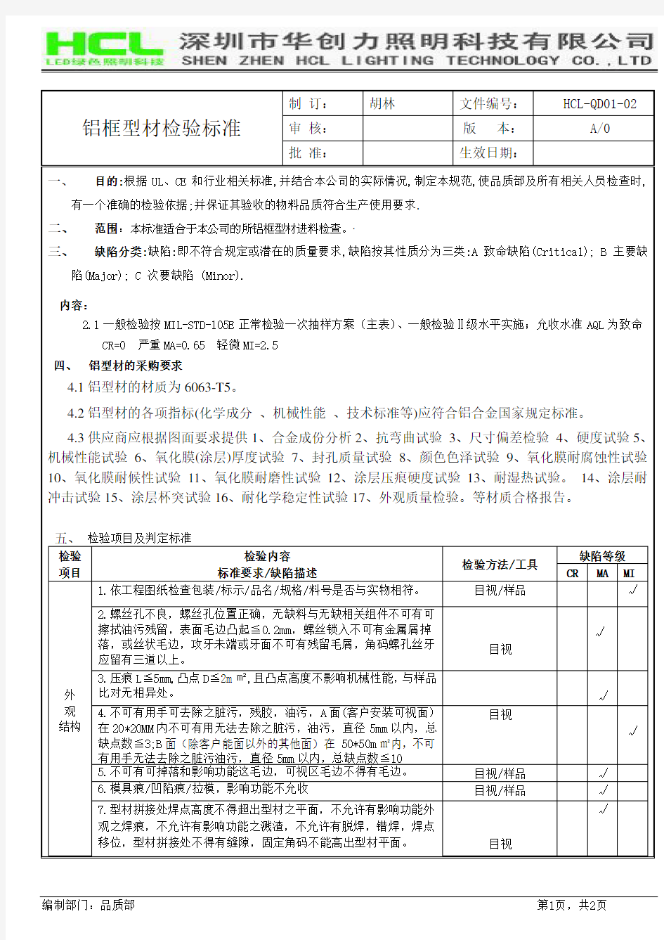 铝型材进料检验规范