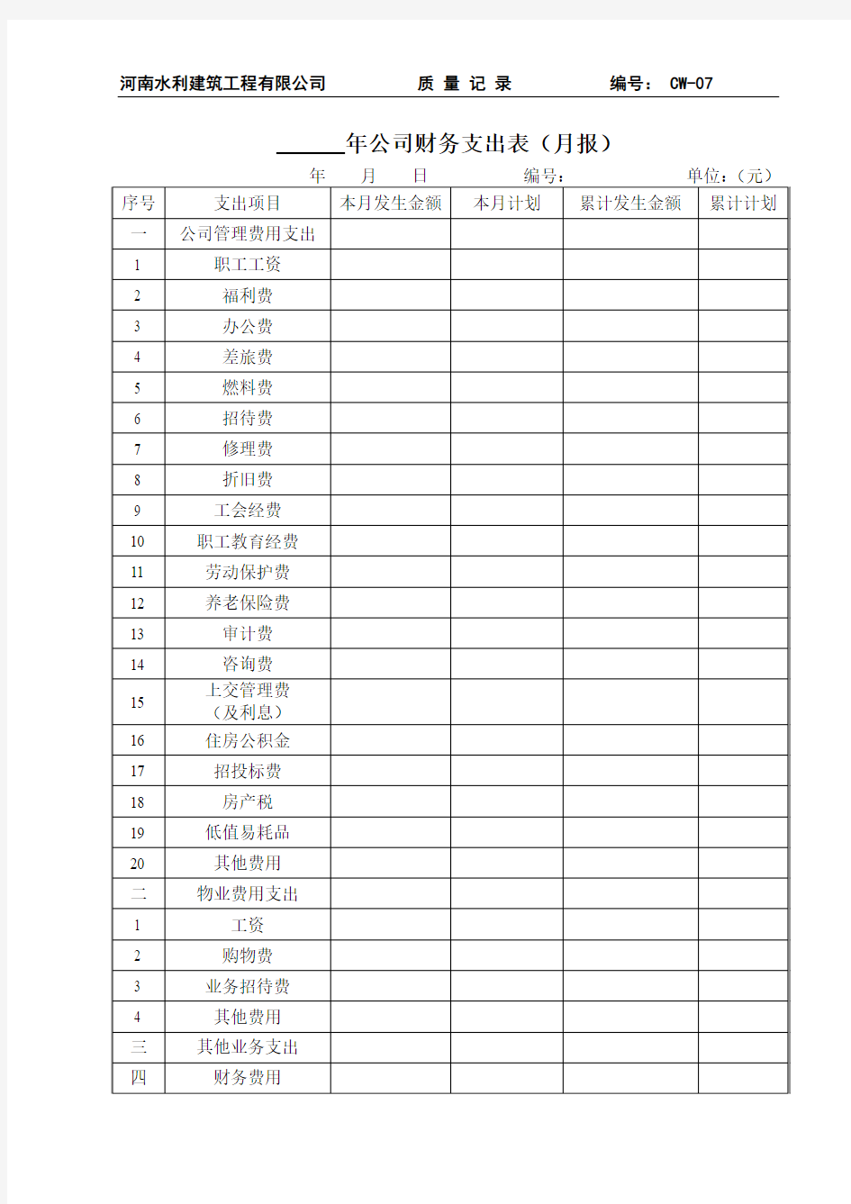 年公司财务支出表(月报)模板