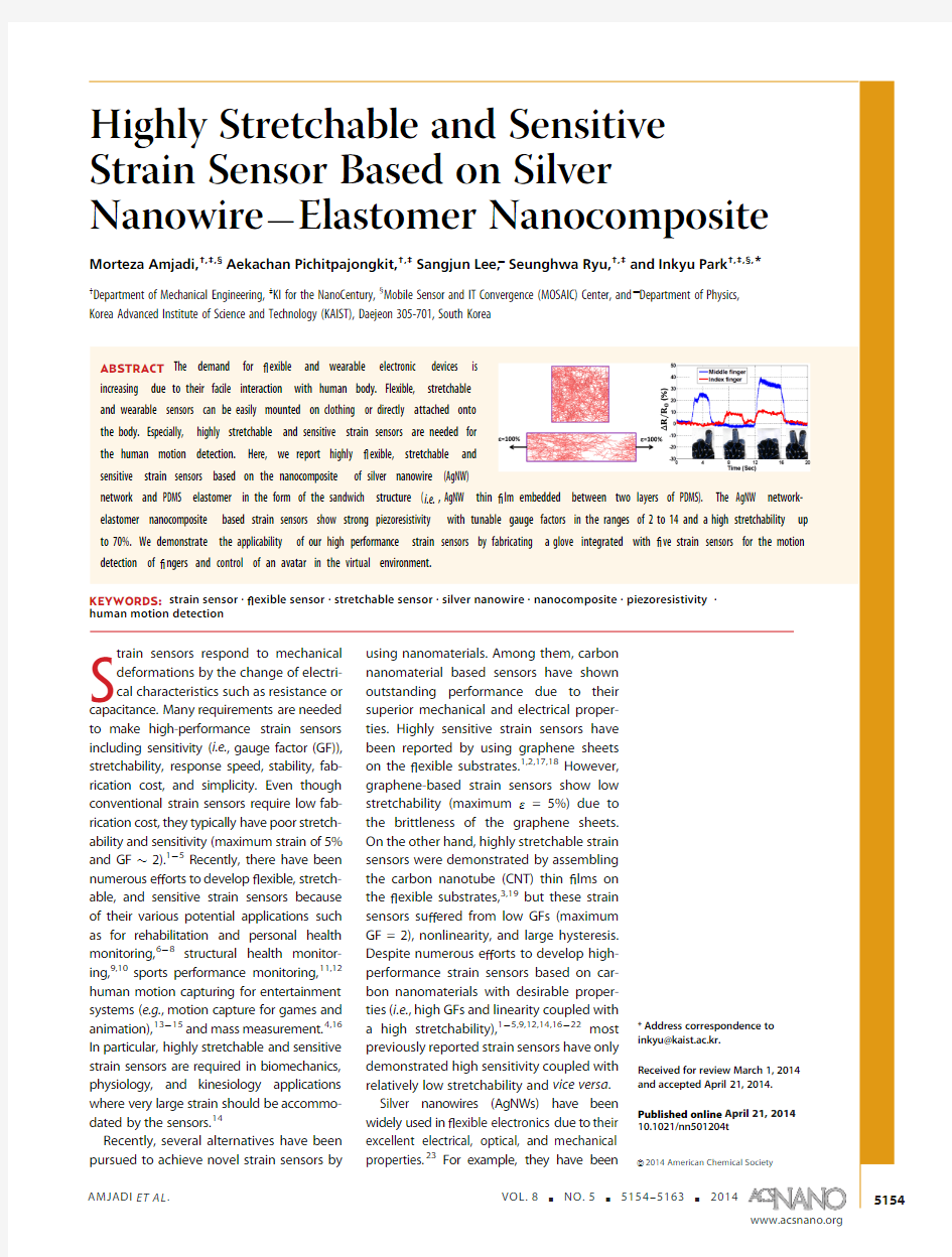 Highly Stretchable and Sensitive Strain sensor based on silver nanowire-elastomer nanocomposite