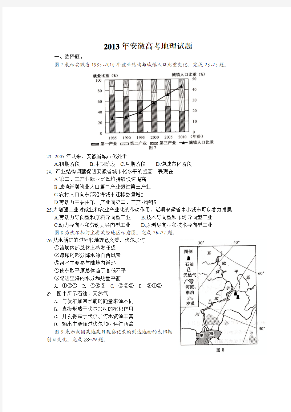 2013年安徽高考地理试题与答案(高清Word版)