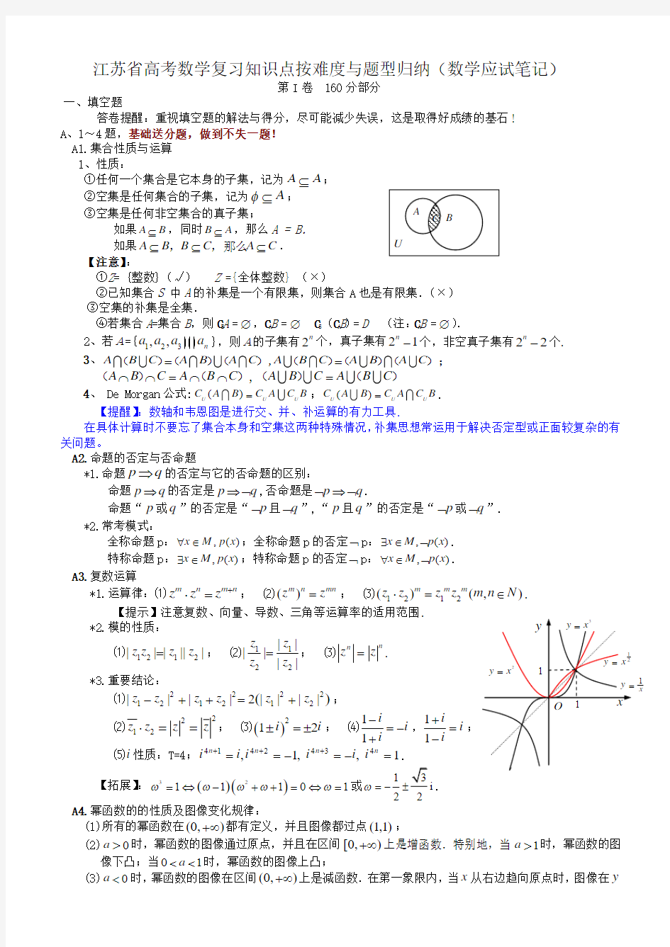 江苏省高考数学复习知识点按难度与题型归纳(数学应试笔记)