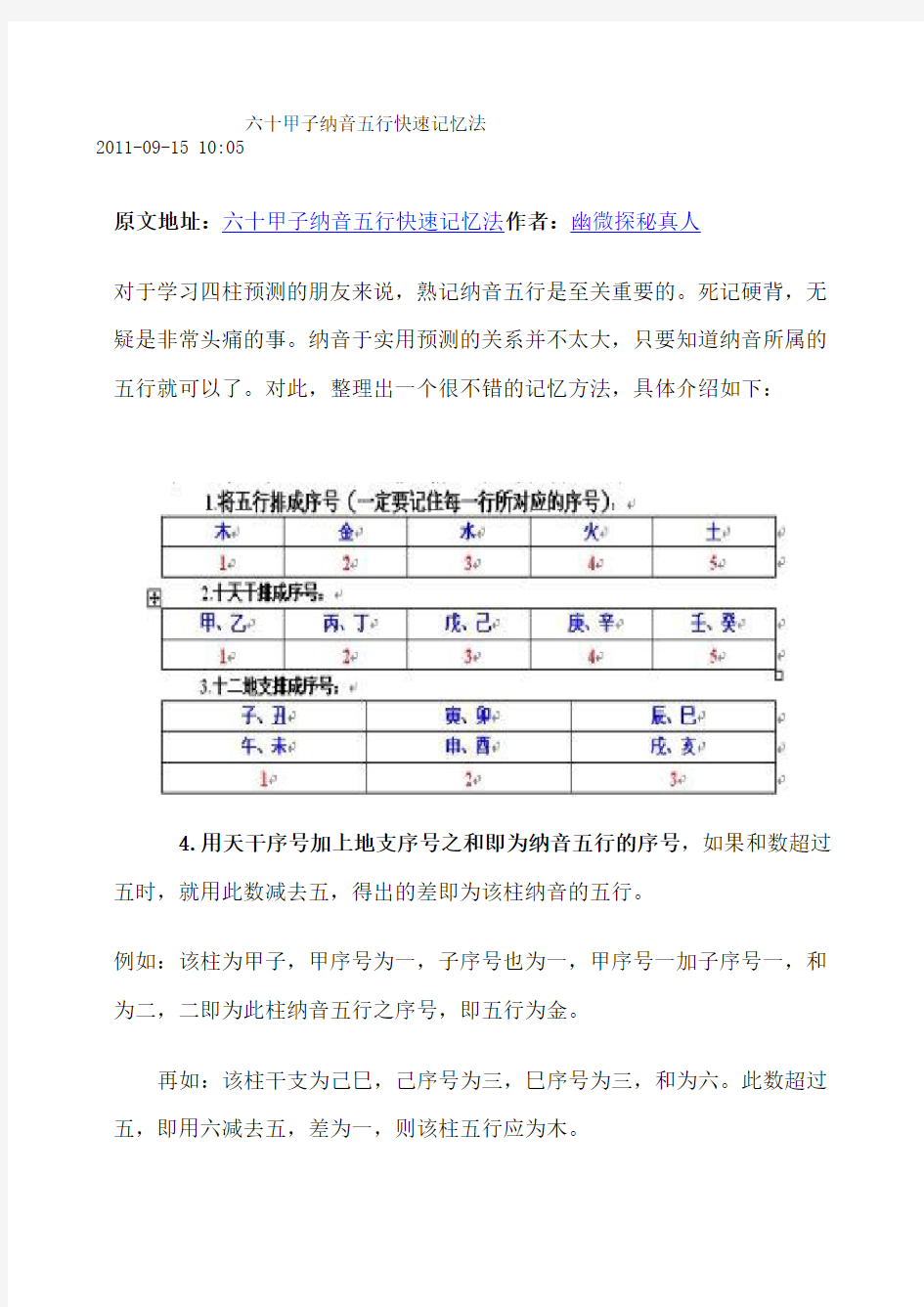 六十甲子纳音五行快速记忆法