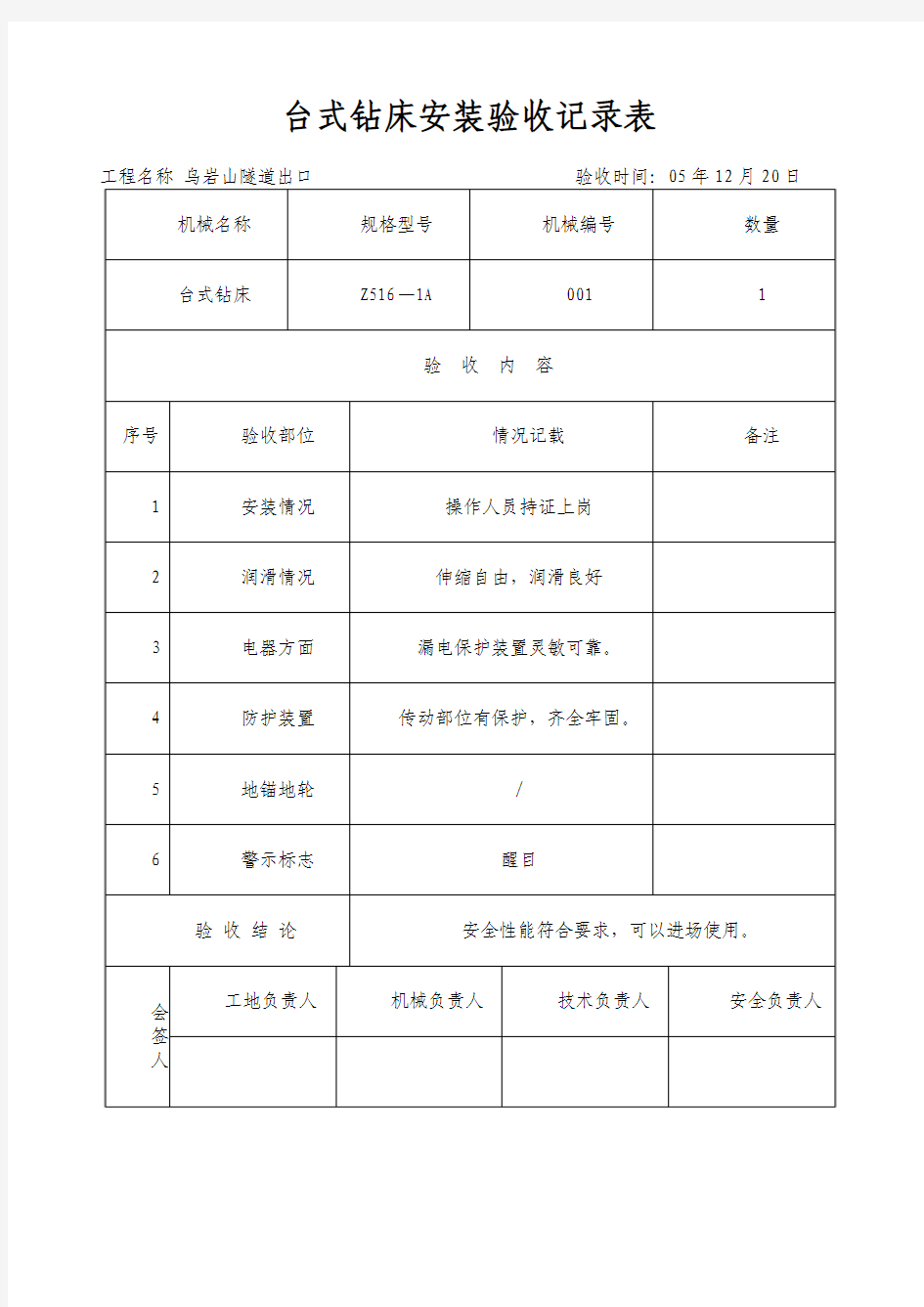 钢筋切断机安装验收记录