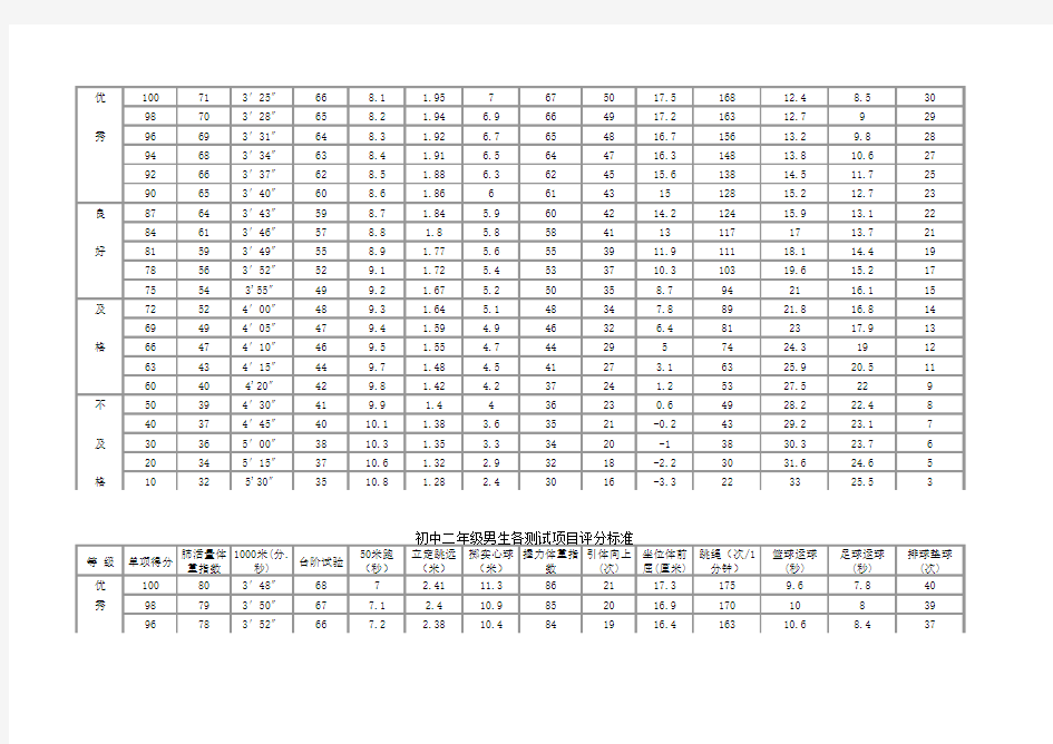 初中学生体质健康标准评分表