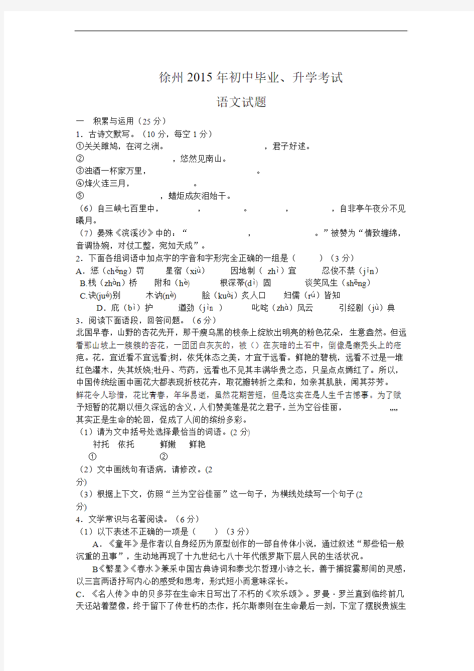 2015年江苏省徐州市中考语文试题及答案