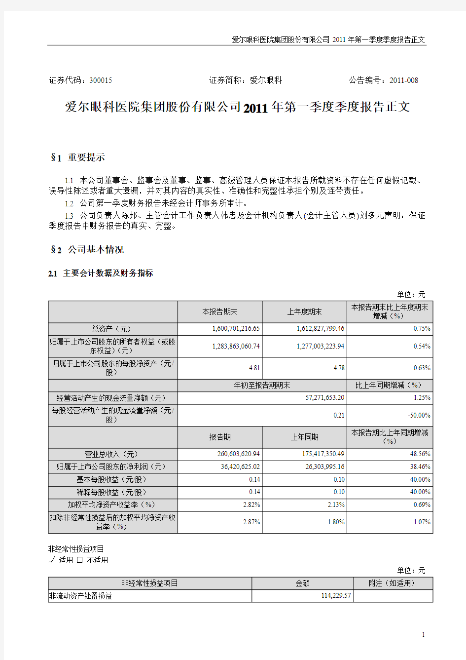 爱尔眼科报表