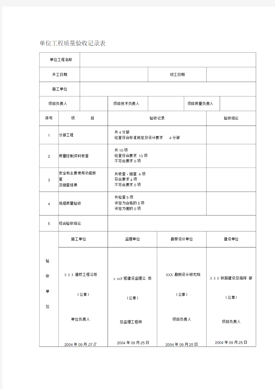 单位工程质量验收记录表