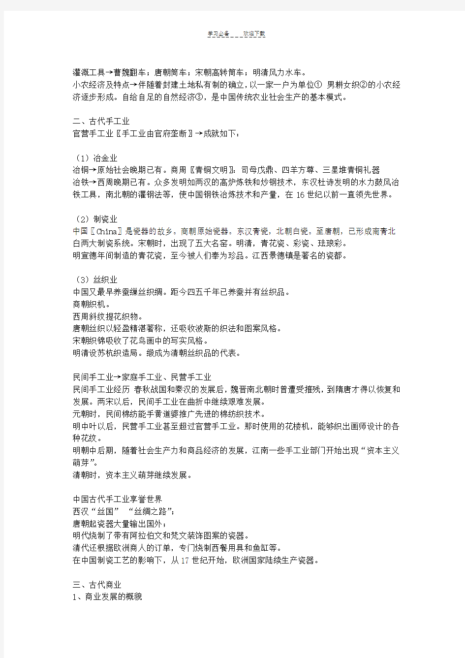 高一历史必修二知识点归纳