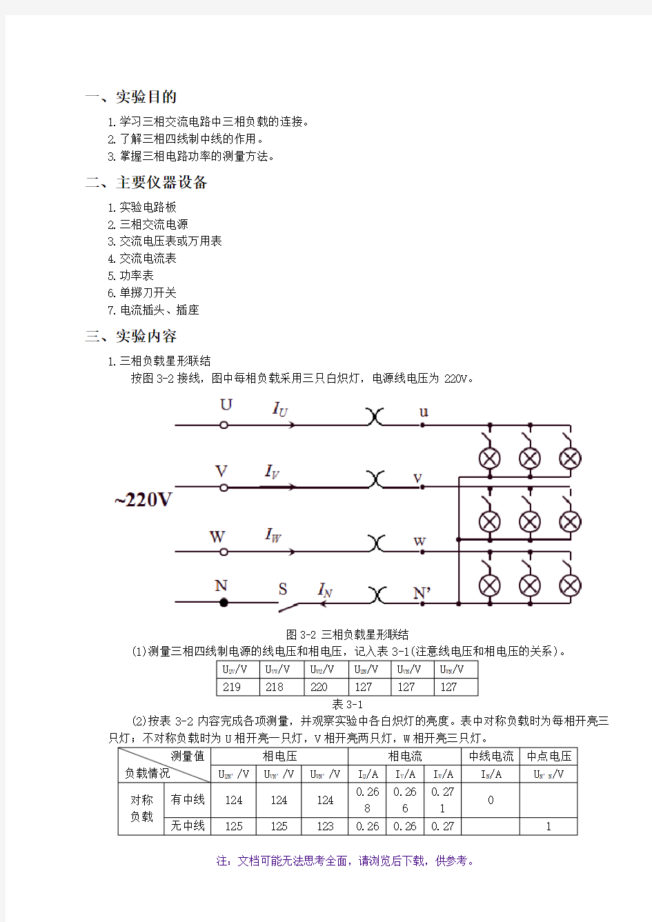 电工电子学实验报告-实验三-三相交流电路