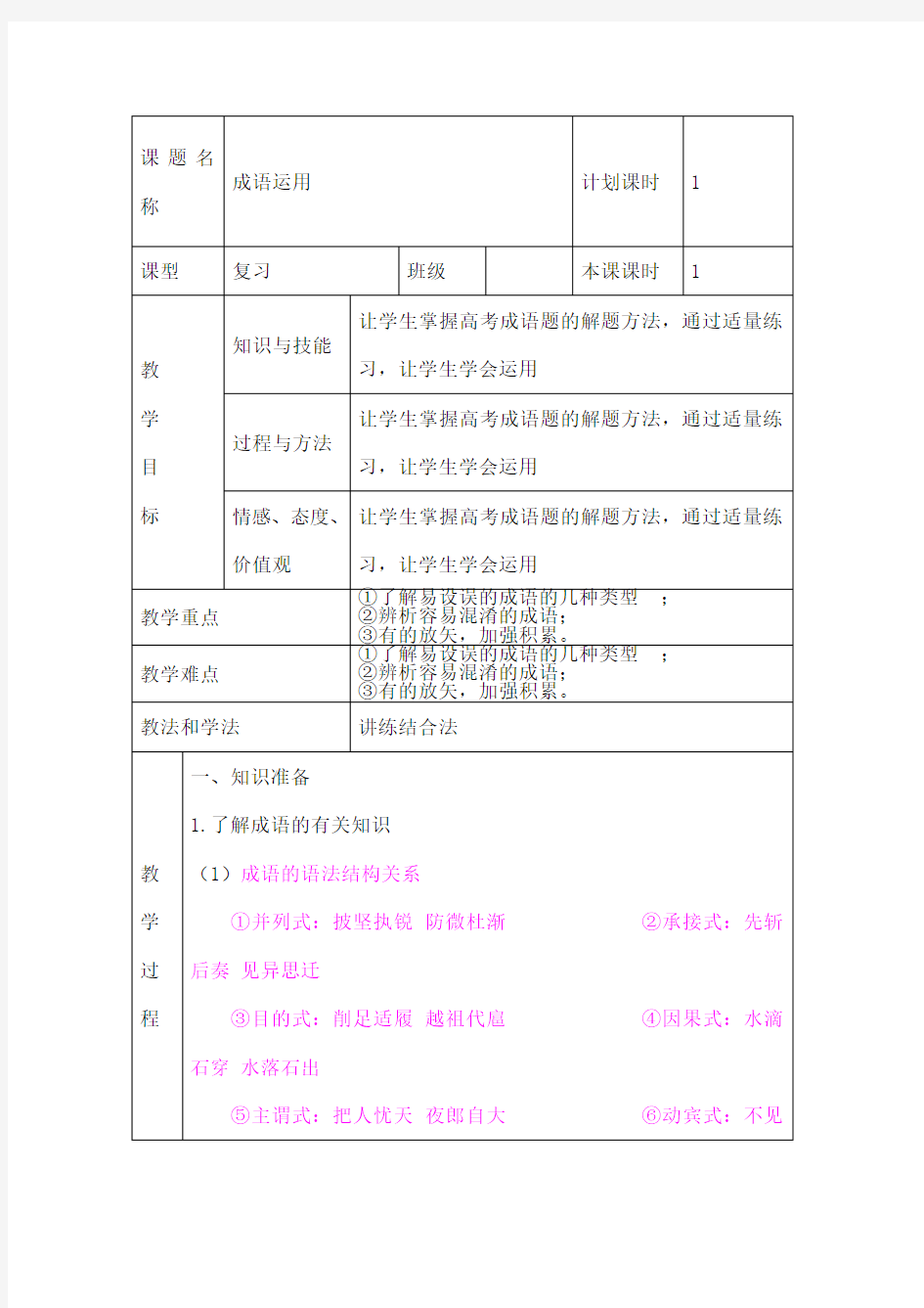 中考成语运用复习教案