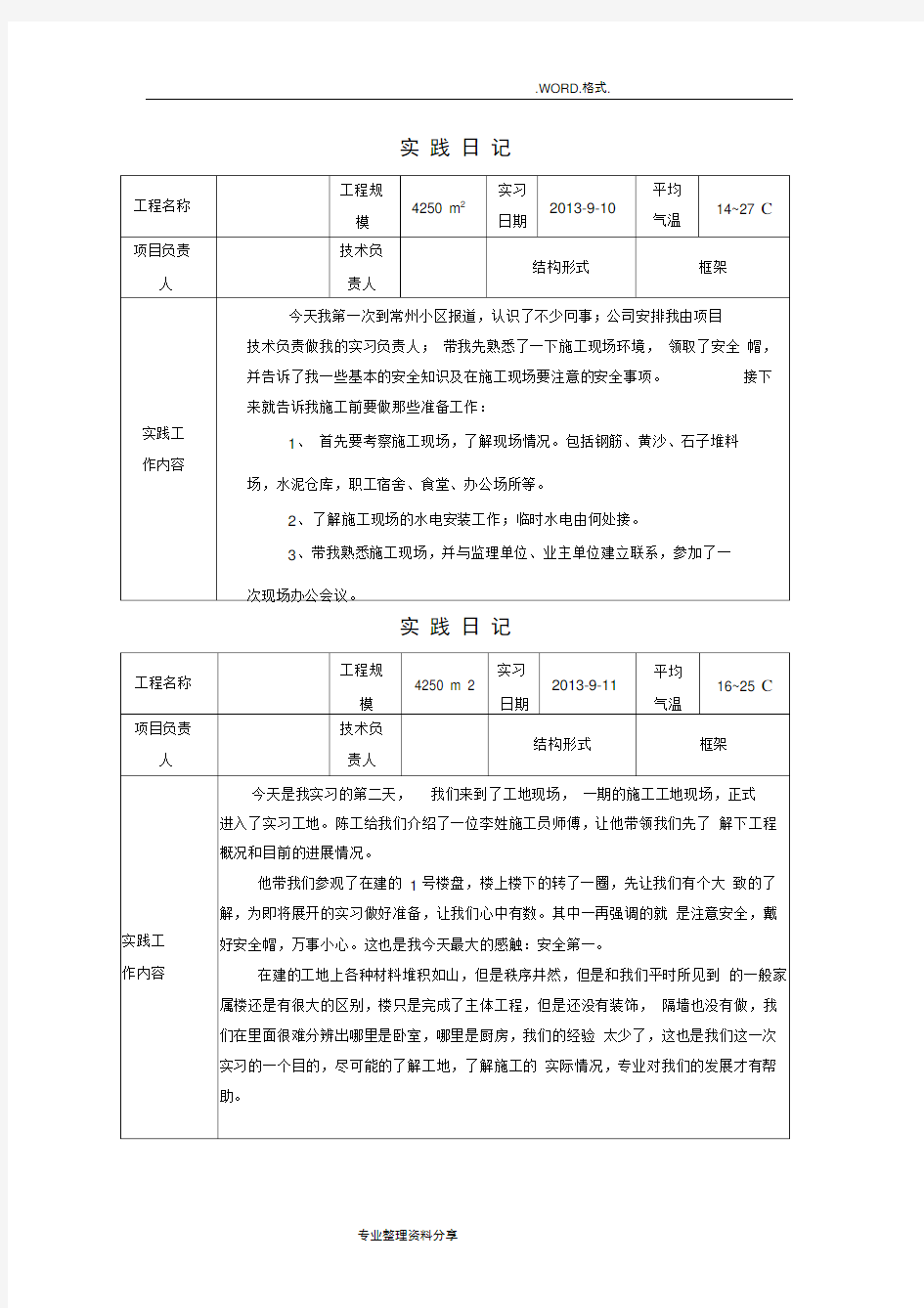 建筑施工及管理专业毕业实习日记