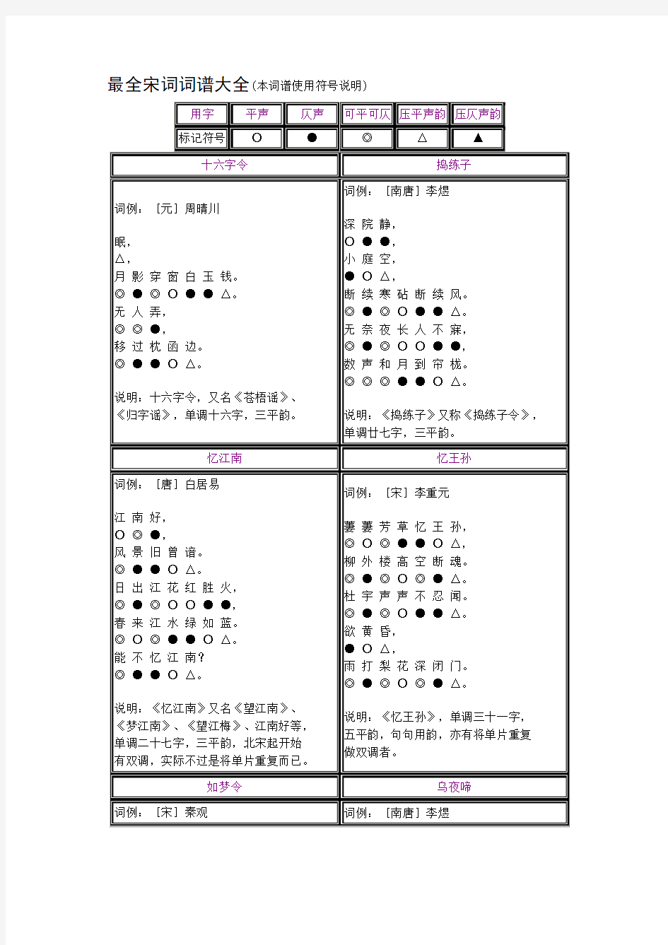 最全的宋词词谱大全