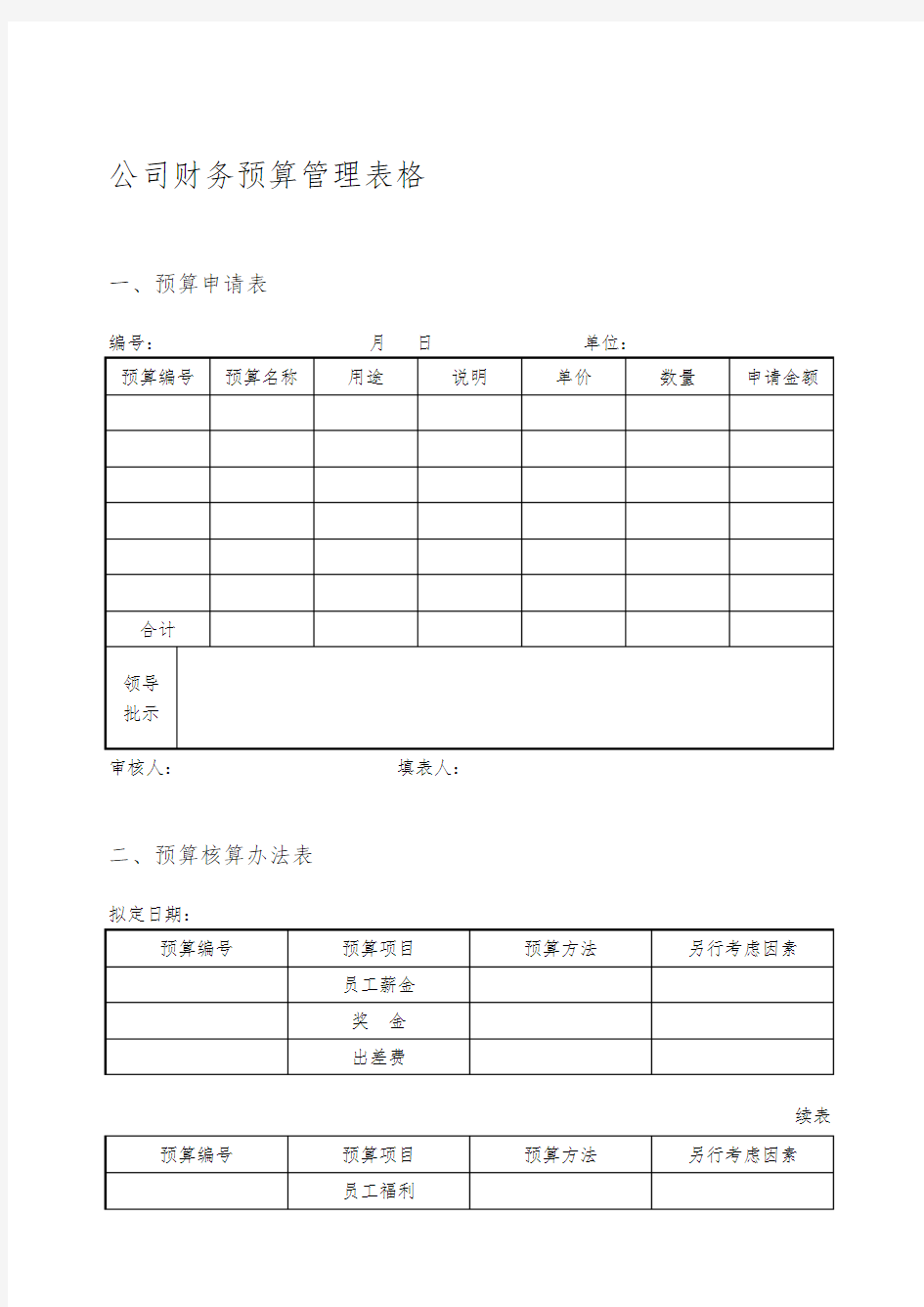 最新公司财务预算管理表格模板