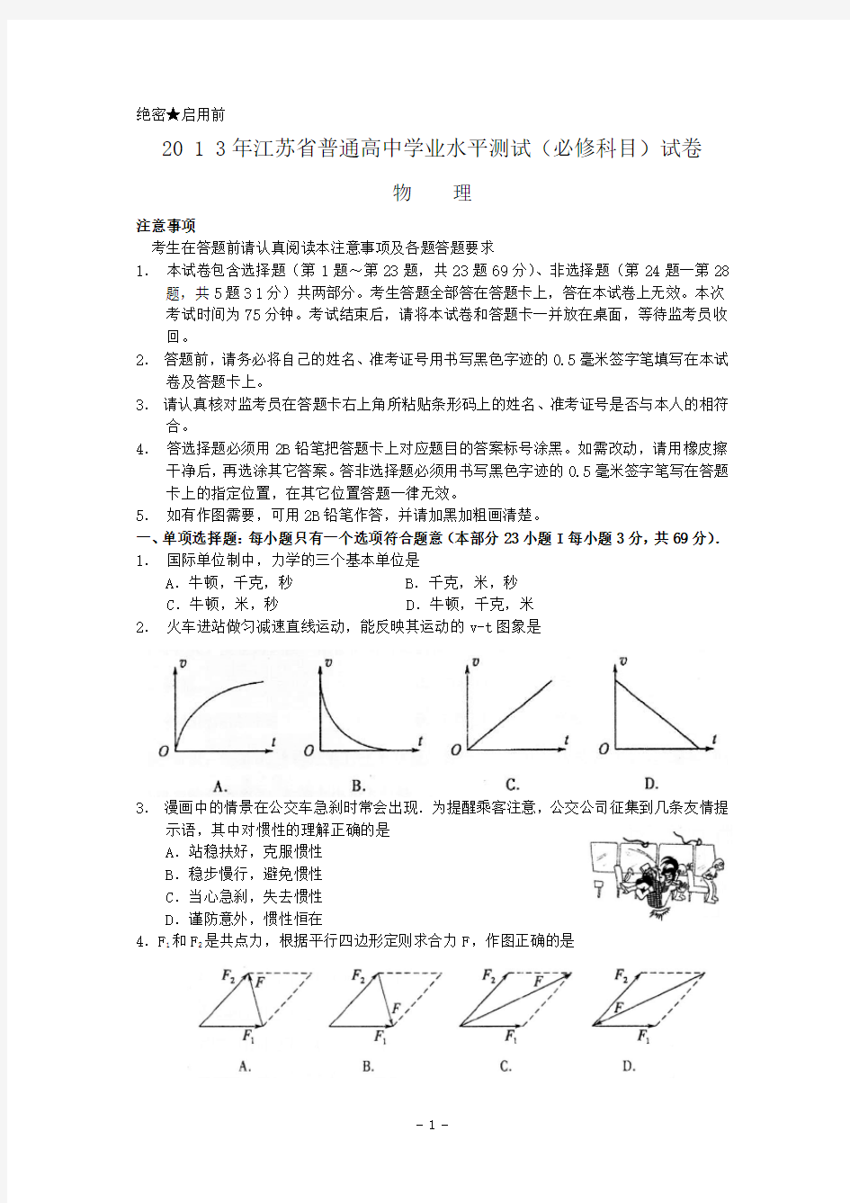 2013年江苏小高考物理试题及答案