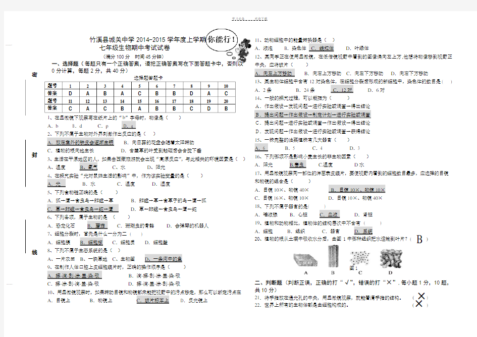 人教版七年级生物上册期中考试试题(含答案)