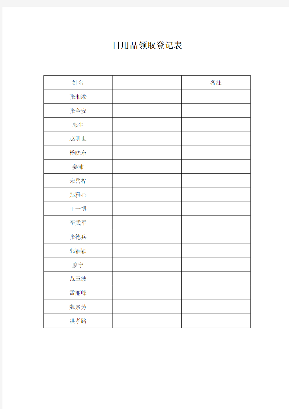 日用品领取登记表