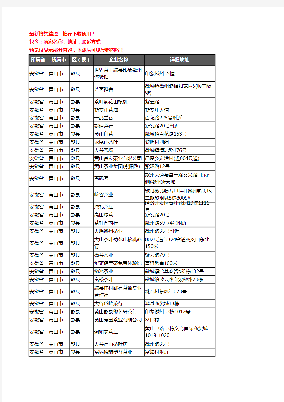 新版安徽省黄山市歙县茶庄企业公司商家户名录单联系方式地址大全52家