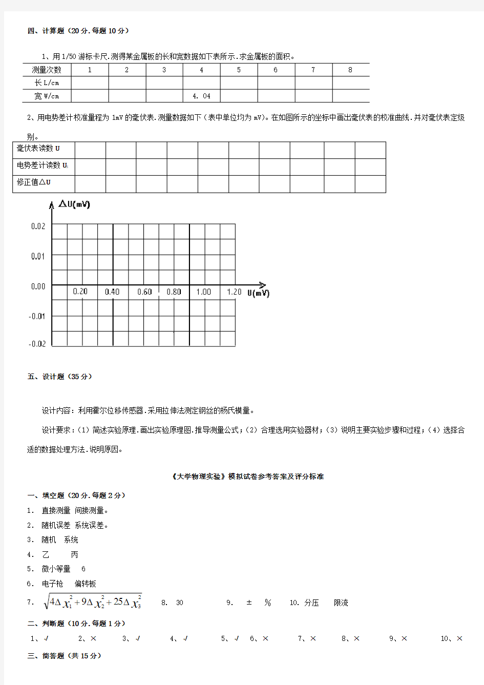 大学物理实验考试模拟试卷和答案