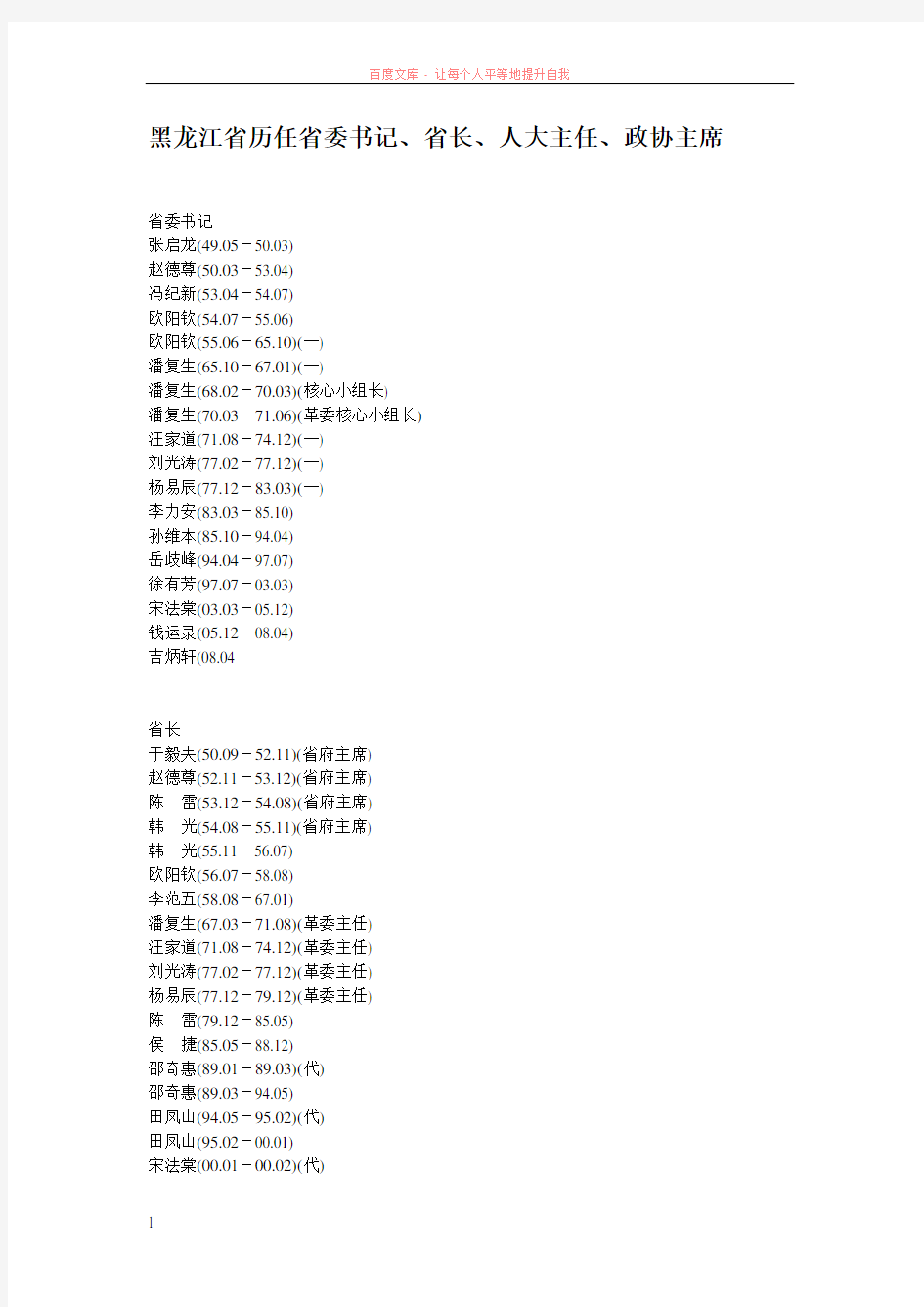 黑龙江省历任省委书记