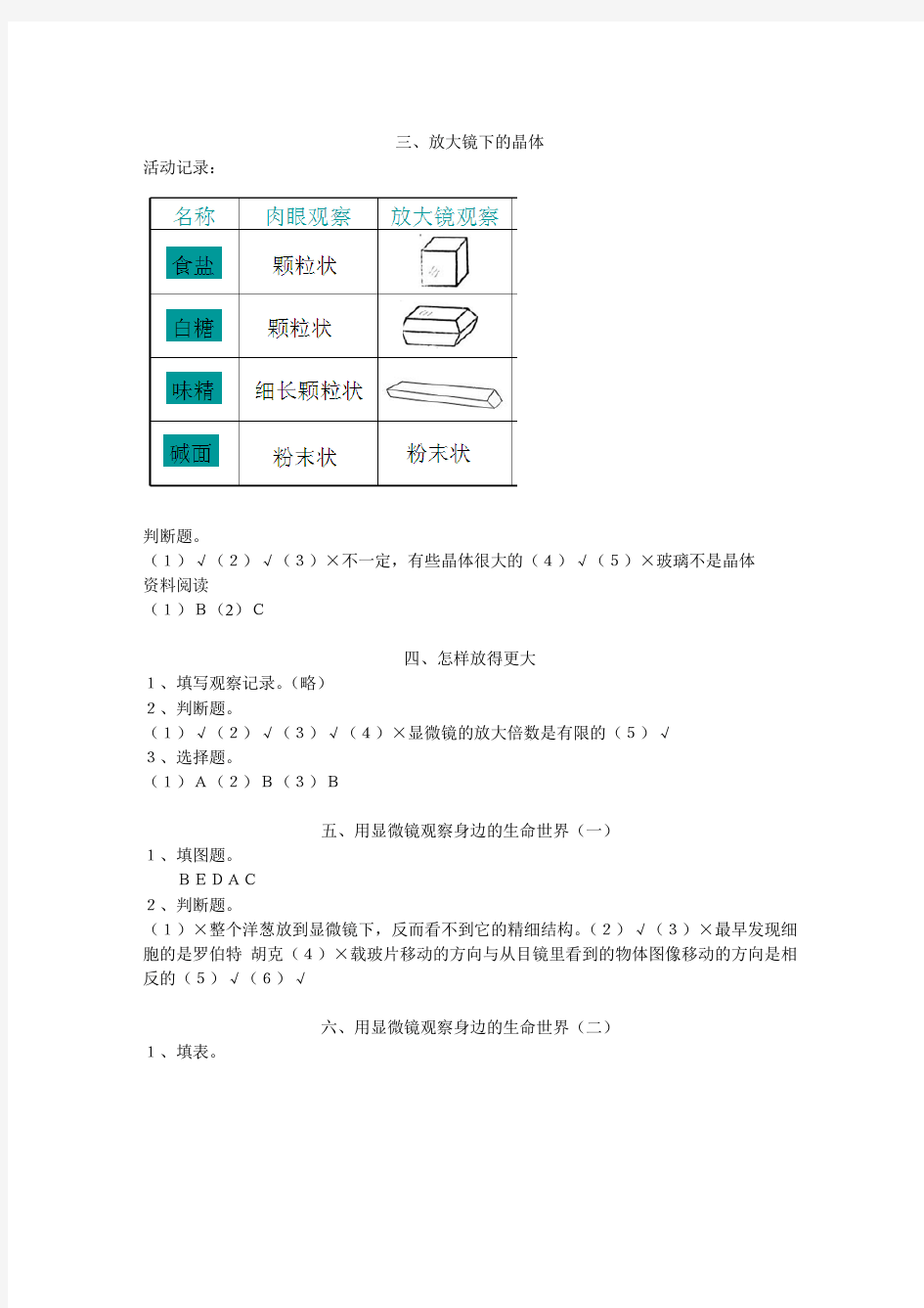 (完整版)新教科版六年级下册科学作业本参考答案(含活动记录)