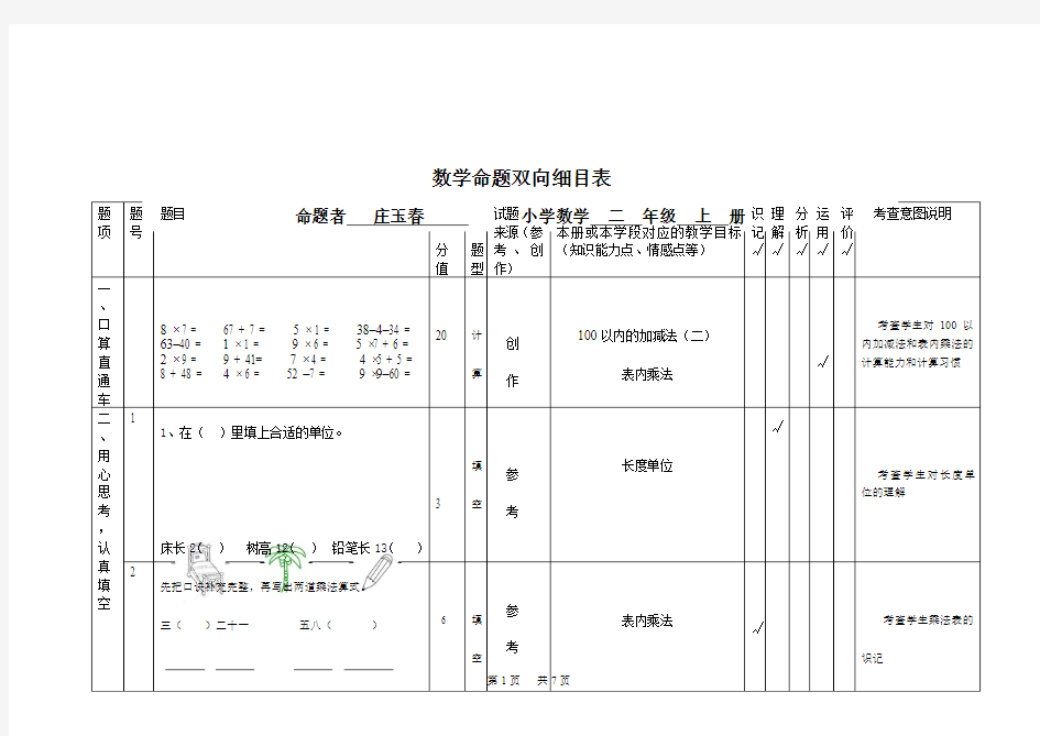 小学二年级数学命题双向细目表