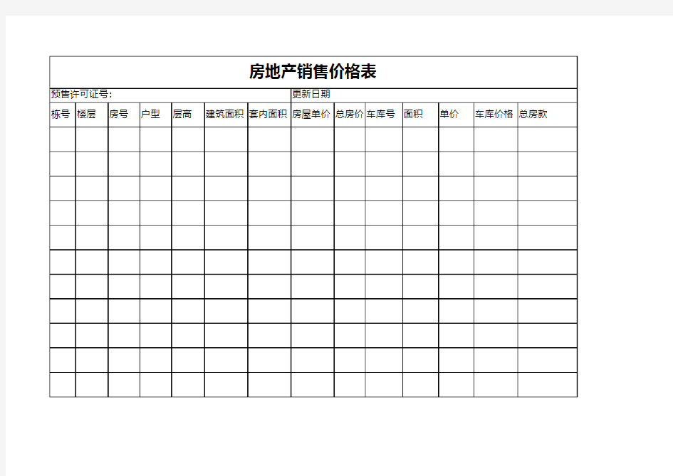房地产营销价格表excel表格模板