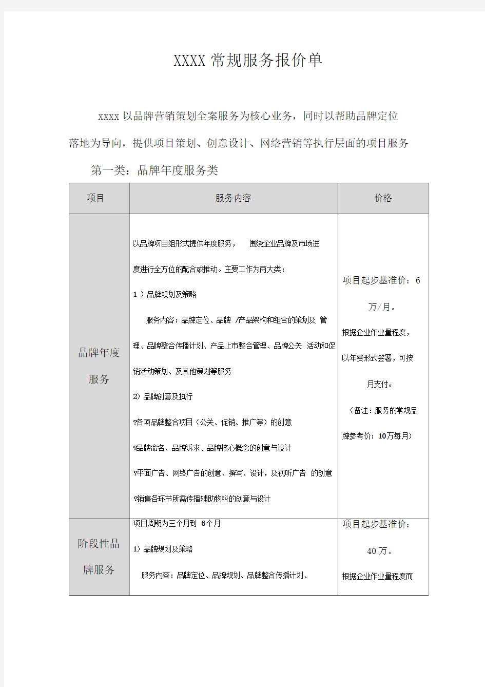 广告公司对外常规报价单-与广告公司合作报价单